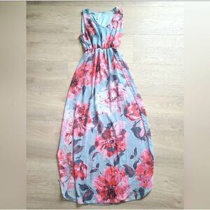Mia & Tess Women’s Medium Long Floral Maxi Dress Blue Sleeveless V-Neck Pullover